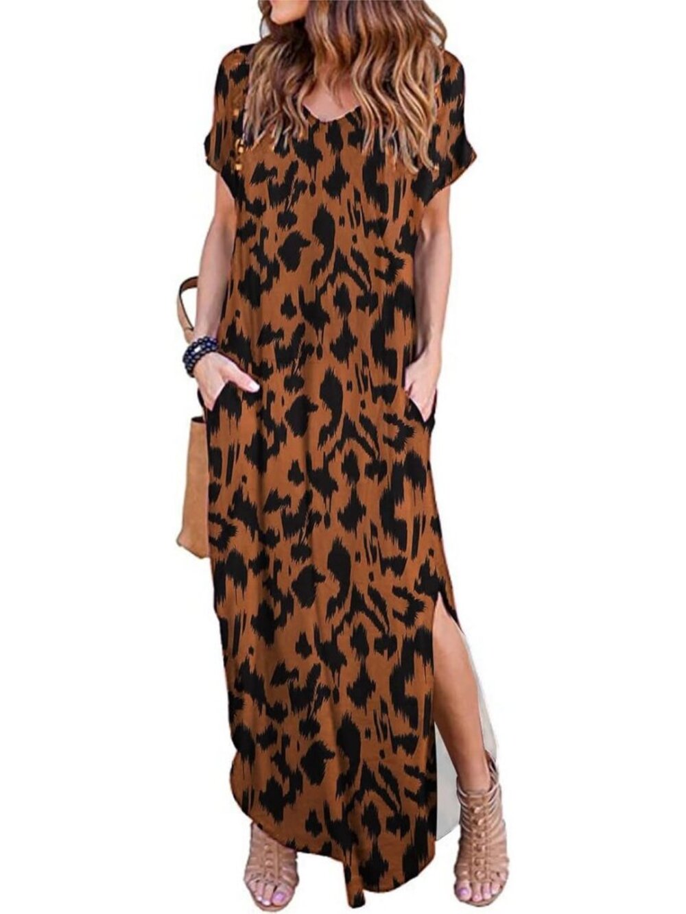 Women Black Brown Summer Maxi Long Dress Casual Loose Short Sleeve Split Pocket